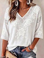 Femmes Classy Boho Roses Floral Art Print lin mi-manches T-shirt