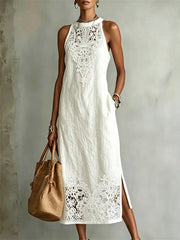 Boho Floral Dentelle Patchwork Art Imprimer Side Fente Sans Manches Lin Maxi Dress Femmes