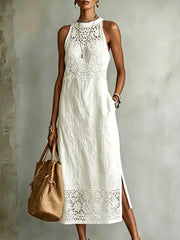 Robe longue en lin sans manches, fente latérale, imprimé artistique et patchwork de dentelle florale, style bohème pour femme