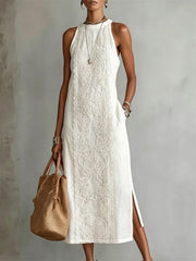 Élégante dentelle Floral Patchwork Art Print Side Slit Lin Maxi Dress des femmes