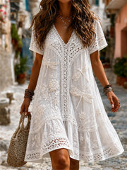 Boho libellules dentelle florale Art Print Flowy Mini robe à manches courtes pour femmes