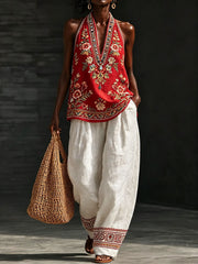 Ensemble en coton et lin à motif floral traditionnel pour femme