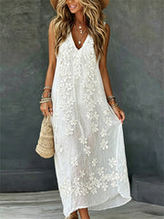 Élégante Boho Floral Art Print Sleeveless Flowy Maxi Dress pour femmes