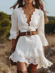 Robe ample à appliques en dentelle à col en V à manches cloche pour femmes