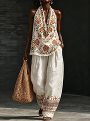 Ensemble en coton et lin à motif floral traditionnel pour femme