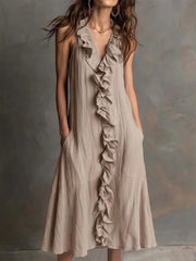 Robe à col en V sans manches en coton et en lin pour femmes avec une grande jupe Hibiscus Edge