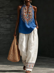 Ensemble de lin en coton à motif géométrique traditionnel pour femmes