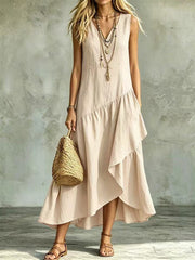 Asymétrique Plissé Flare Bas Sans Manches Flowy Maxi Robe Femme