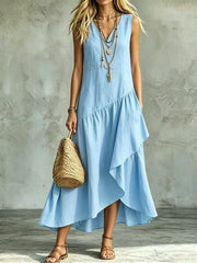 Asymétrique Plissé Flare Bas Sans Manches Flowy Maxi Robe Femme