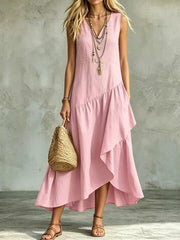 Asymétrique Plissé Flare Bas Sans Manches Flowy Maxi Robe Femme