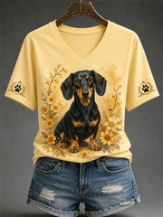 T-shirt décontracté à col en V pour femme, imprimé chien rétro