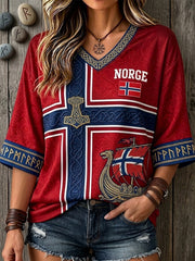 T-shirt col en V à manches mi-longues pour femme avec imprimé drapeau à motif viking norvégien