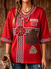 T-shirt à col en V à manches mi-longues pour femmes Norvège Viking Ship Art Flag