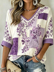 T-shirt à manches mi-longues en lin imprimé à motif de fleurs pour femmes