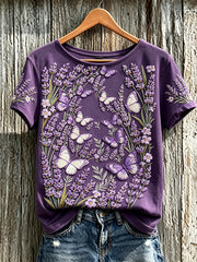 T-shirt décontracté à manches courtes en lin imprimé à motif de fleurs pour femmes