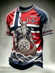 T-shirt manches courtes pour homme motif drapeau norvégien, guerrier viking et navire, avec nœud celtique