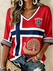 Femmes Norvège Viking navire arbre de vie celtique noeud drapeau imprimé mi-longueur manches v-cou T-shirt