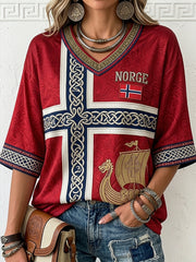 Norvège Viking Ship Art Runes Imprimer mi-longueur manches V-Neck T-Shirt des femmes