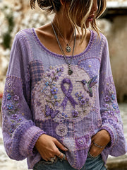 Haut de soutien à la sensibilisation à la maladie d’Alzheimer pour femmes, en patchwork, imprimé floral violet et colibris