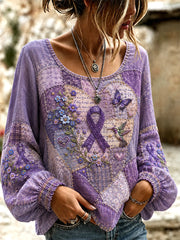 Haut de soutien de sensibilisation à la maladie d'Alzheimer à imprimé floral violet et colibri pour femme
