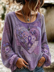 Haut de soutien à la sensibilisation à la maladie d’Alzheimer pour femmes, en patchwork, orné de motifs floraux violets et de papillons