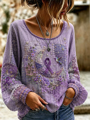 Haut de soutien à la sensibilisation à la maladie d’Alzheimer pour femmes, en patchwork, imprimé floral violet et colibris