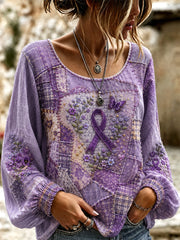 Haut de soutien à la sensibilisation à la maladie d’Alzheimer pour femmes, en patchwork, orné de motifs floraux violets et de papillons