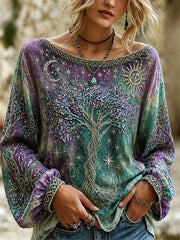 Chemise en coton-lin à imprimé noeud celtique Vintage Viking Tree of Life pour femme