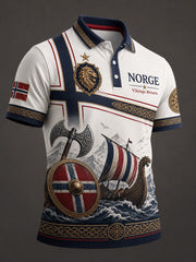 Polo pour homme à imprimé artistique patriotique sur le thème des Vikings norvégiens