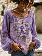 Haut de soutien à la sensibilisation à la maladie d’Alzheimer pour femmes, en patchwork, orné de motifs floraux violets et de papillons