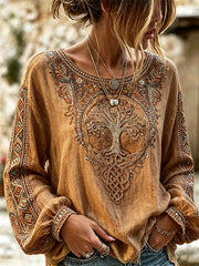 Chemise vintage pour femme en coton-lin, motif arbre de vie viking et nœud celtique
