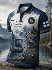 Polo à imprimé artistique patriotique finlandais viking pour homme