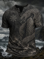 Chemise Henley décontractée à imprimé rétro de style viking nordique