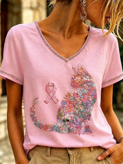 T-shirt à col en V imprimé d’art rose sur le thème du cancer du sein chez la femme