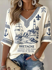 T-shirt décontracté pour femme, style vintage beige à motif port breton français, col en V