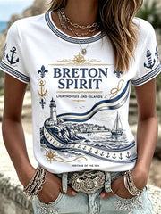 T-shirt décontracté pour femme, blanc, imprimé phare breton et voilier