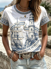 T-shirt décontracté pour femme à imprimé phare et voilier breton