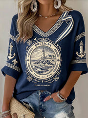 T-shirt décontracté à col en V pour femme, imprimé rétro bleu foncé sur le thème du port breton français