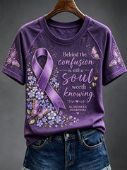 T-shirt à manches courtes et col rond avec impression artistique de sensibilisation à la maladie d’Alzheimer chez les femmes