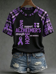 T-shirt décontracté à manches courtes imprimé sur le thème de la sensibilisation à la maladie d’Alzheimer chez les femmes