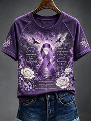 T-shirt à manches courtes et col rond avec impression artistique de sensibilisation à la maladie d’Alzheimer chez les femmes