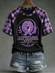 T-shirt décontracté à manches courtes imprimé sur le thème de la sensibilisation à la maladie d’Alzheimer chez les femmes