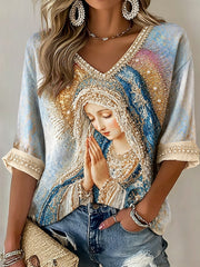 T-shirt à col en V imprimé Assomption Of Mary Faith Art pour femme