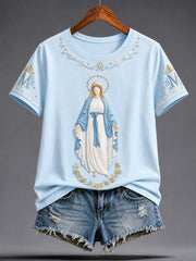 T-shirt imprimé religieux à l’effigie de la Vierge Marie pour femmes