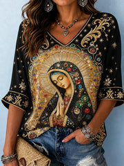 T-shirt imprimé religieux à l’effigie de la Vierge Marie pour femmes