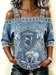 T-shirt femme français corse à imprimé 3D effet denim, décontracté et tendance, avec bretelles spaghetti