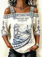 T-shirt sans bretelles décontracté d’été cool pour femme, imprimé rétro d’un phare breton français