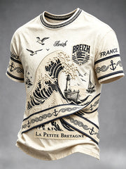 T-shirt décontracté pour homme, style vintage beige, motif marin breton français
