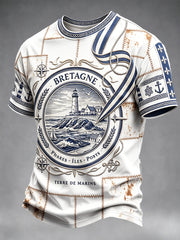 T-shirt décontracté pour homme, style vintage, motif patchwork représentant un phare de Bretagne, France