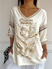 T-shirt femme blanc à col en V, en coton-lin, tissage original et décontracté, inspiré de la Corse, imprimé 3D